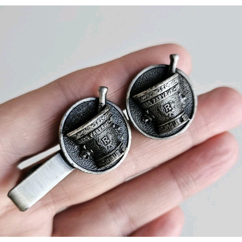 Vintage Pharmacist Tie Bar & Single Cufflink Set RX Apothecary Mortar Pestle